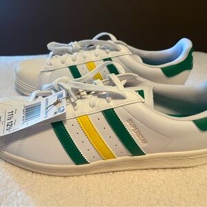 adidas White Sneakers with Green & Yellow Stripes